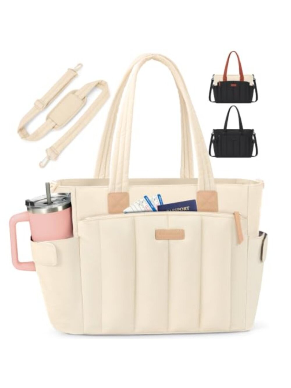 RAINSMORE Puffer Tote Bag with Cup Holder 15.6" Laptop Work Tote